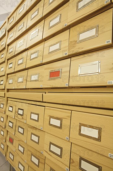 Library wooden card catalogue closeup