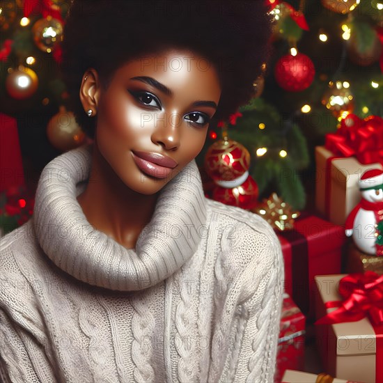 Portrait of a young cheerful woman with red lips and curly hair in a knitted sweater smiles and holding a red Christmas ball covering her eyes with it against the background of a Christmas decorated C...