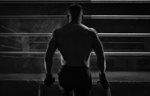 Kickboxer climbs into the ring. View from the back. Sports competitions. Fight night. The concept of mixed martial arts. MMA