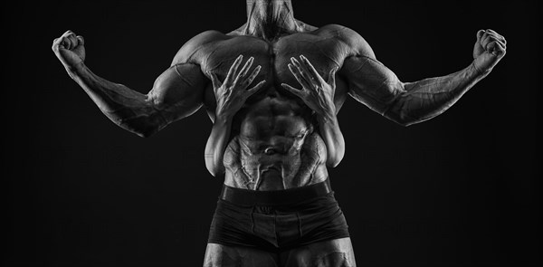 Perfect abdomen. Female hands embracing