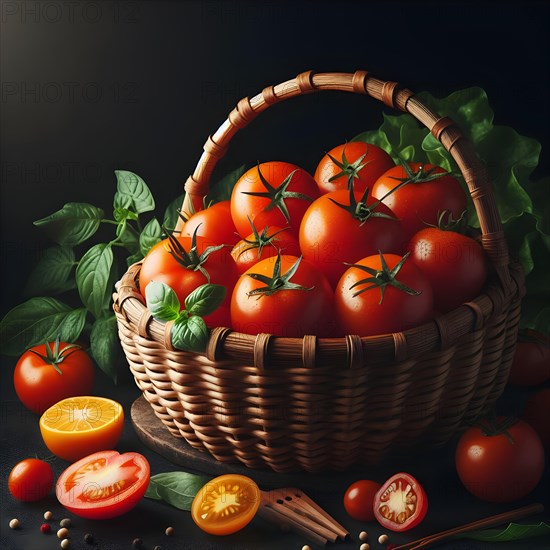 Organic vegetable tomatoes in a bamboo made basket. AI generated
