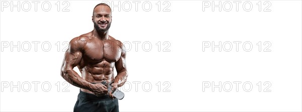 Athlete posing with an athletic belt on a white background. Fitness