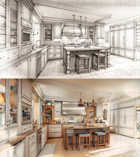 Concept design drawing to a finished renovation of a residential kitchen interior. generative AI