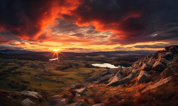 A panoramic landscape featuring a dramatic fiery sunset over mountainous terrain with a tranquil lake AI generated
