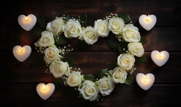 Soothing heart of white roses and candles on wood sets a romantic tone AI generated