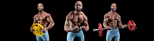 Set of three sexy muscular men wearing jeans. Posing on a black background with dumbbells and barbells. Bodybuilding and fitness concept.
