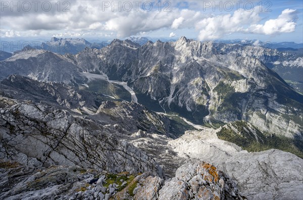 View of Wimbachgries valley and mountain panorama with rocky mountain peak of Hochkalter