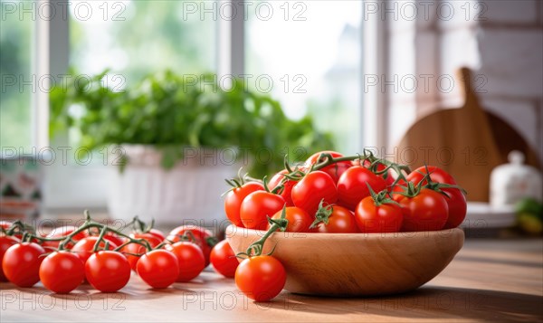 Cherry tomatoes in a bowl on a wooden table in the kitchen AI generated