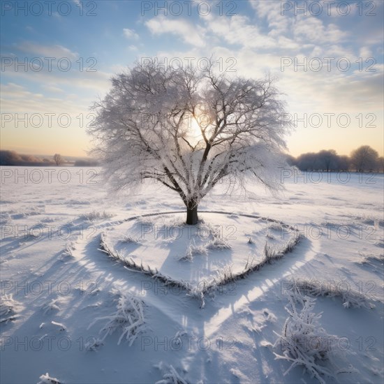 Frost-covered tree with snow arranged in a heart shape during sunrise AI generated