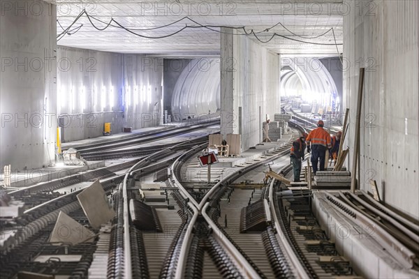 Construction site in the tunnel at the new through station in Stuttgart. A total of 56 kilometres of tunnels have been dug for Deutsche Bahn AG's Stuttgart 21 project and tunnelling has been completed...