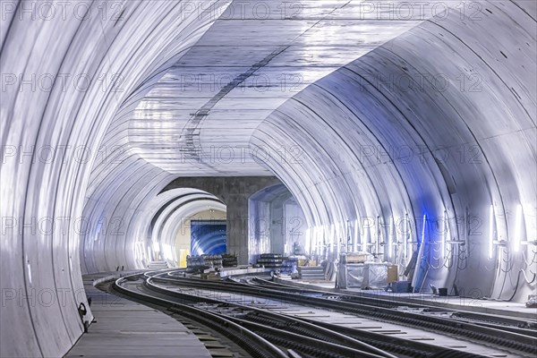 Construction site in the tunnel at the new through station in Stuttgart. A total of 56 kilometres of tunnels have been dug for Deutsche Bahn AG's Stuttgart 21 project and tunnelling has been completed...