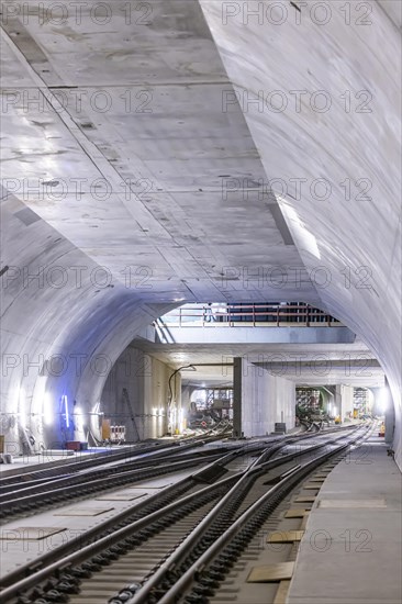 Construction site in the tunnel at the new through station in Stuttgart. A total of 56 kilometres of tunnels have been dug for Deutsche Bahn AG's Stuttgart 21 project and tunnelling has been completed...