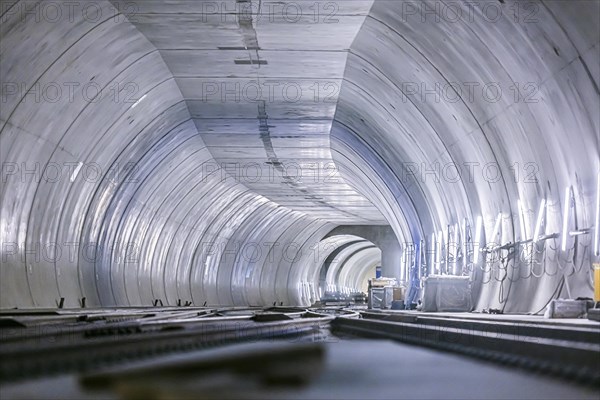 Construction site in the tunnel at the new through station in Stuttgart. A total of 56 kilometres of tunnels have been dug for Deutsche Bahn AG's Stuttgart 21 project and tunnelling has been completed...