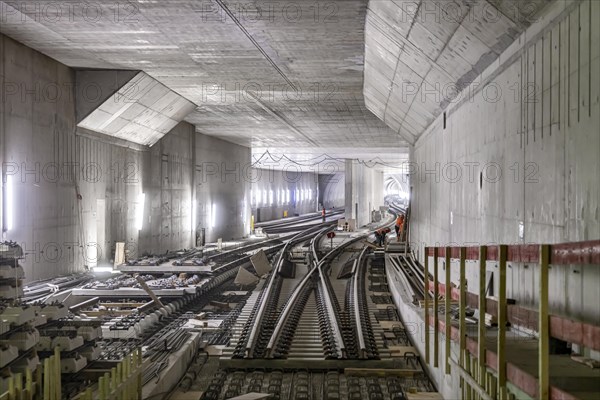 Construction site in the tunnel at the new through station in Stuttgart. A total of 56 kilometres of tunnels have been dug for Deutsche Bahn AG's Stuttgart 21 project and tunnelling has been completed...