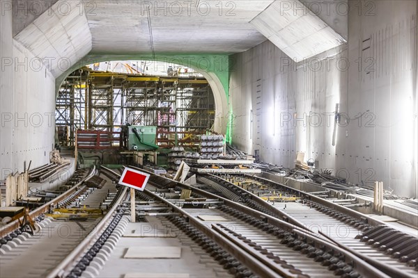 Construction site in the tunnel at the new through station in Stuttgart. A total of 56 kilometres of tunnels have been dug for Deutsche Bahn AG's Stuttgart 21 project and tunnelling has been completed...