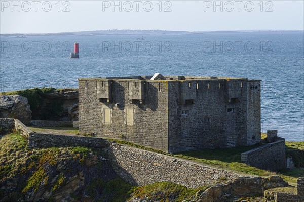 Kermorvan peninsula with fort, behind Ouessant island, Le Conquet, Finistere Pen ar Bed department,