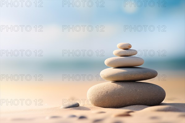 Zen stones stack on sand waves in a minimalist setting for balance and harmony. Balance, harmony,