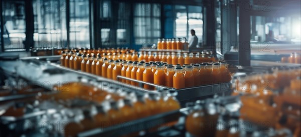 Production of juice from fruits and berries at the factory, conveyor with bottles of juice, AI