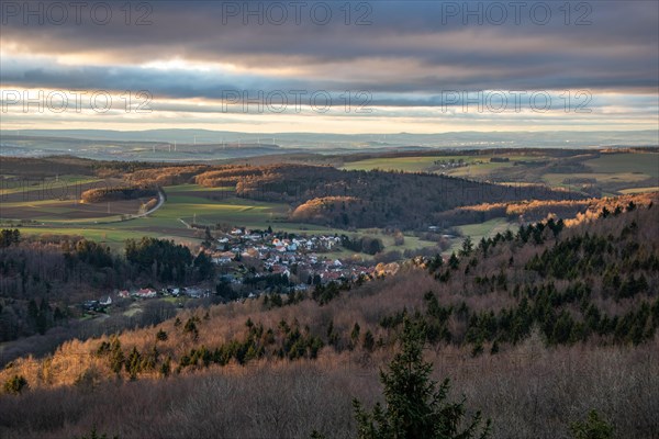 Landscape at the Grosser Zacken, Taunus volcanic region. A cloudy, sunny autumn day, meadows,
