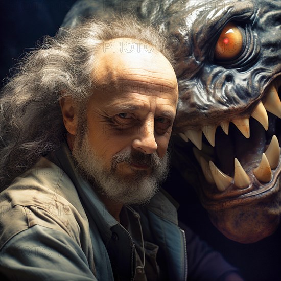 Elderly man with long grey hair and a full beard who is confronted with his evil self, a creature