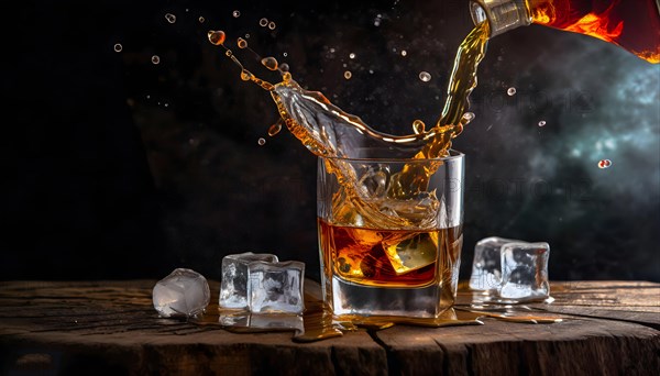 Whiskey with rocks or ice cubes in a glass with ice in a dark wooden background. AI Generated, AI
