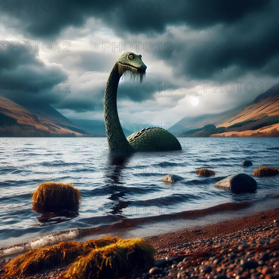 Mythology, the mythical creature Nessie, the Loch Ness monster, in Loch Ness in Scotland, AI