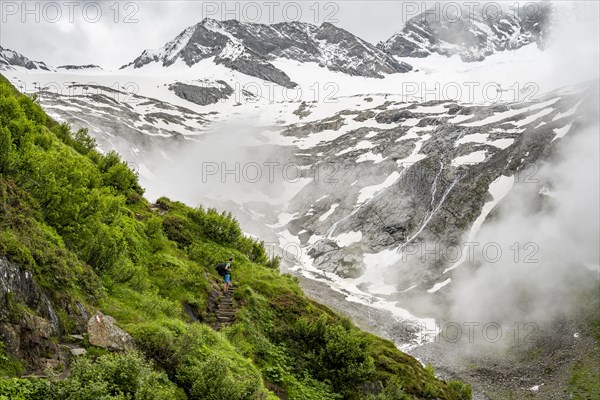 Mountaineers on a hiking trail, in the background glaciated peak Dosso Largo and glacier
