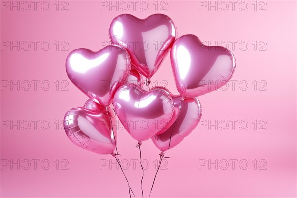 Bunch of glossy pink heart-shaped balloons against a soft pink background, perfect for Valentine's