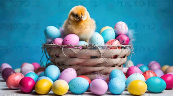 A fluffy chick sits atop a basket filled with pastel-colored Easter eggs against a vibrant blue