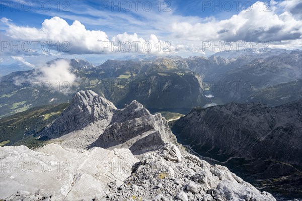 View from the rocky summit of the Watzmann Mittelspitze, view of mountain panorama with Steinernes