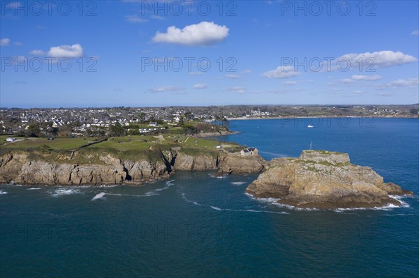 Aerial view of Fort de Bertheaume on a rock off the coast in Plougonvelin on the Atlantic coast at