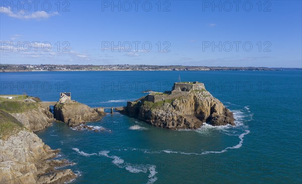 Aerial view of Fort de Bertheaume on a rock off the coast in Plougonvelin on the Atlantic coast at