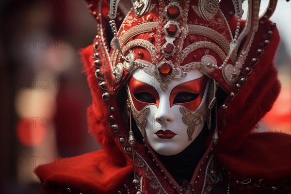 A person adorned in a richly detailed and colorful carnival costume, complete with an elaborate