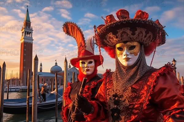 Persons adorned in a richly detailed and colorful carnival costume, complete with an elaborate