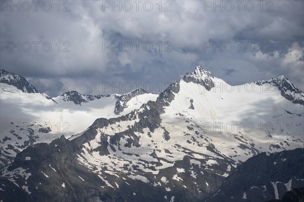 Glaciated rocky mountain peaks, Hornspitze summit, Zillertal Alps, Tyrol, Austria, Europe