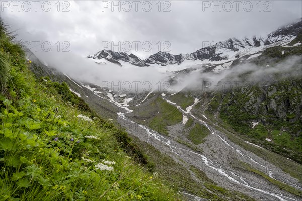 Cloudy valley of the Schlegeisgrund with mountain stream, glaciated mountain peaks Hoher Weiszint