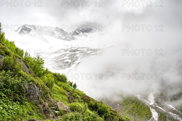 Mountaineers on a hiking trail, in the background glaciated peak Dosso Largo and glacier