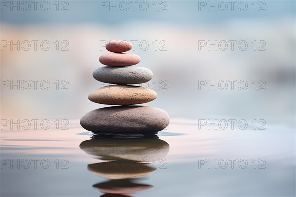 Stack of zen stones on water with a nature background. The image conveys a sense of balance,