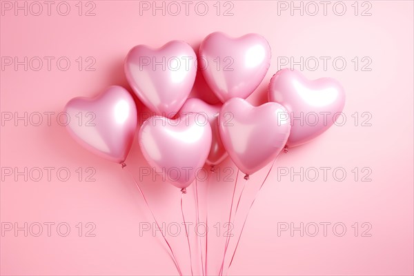 Bunch of glossy pink heart-shaped balloons against a soft pink background, perfect for Valentine's