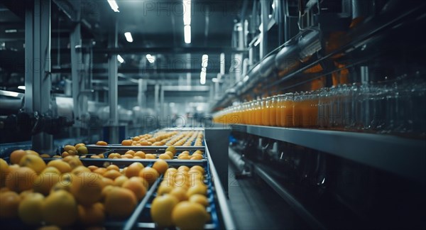 Production of juice from fruits and berries at the factory, conveyor with bottles of juice, AI