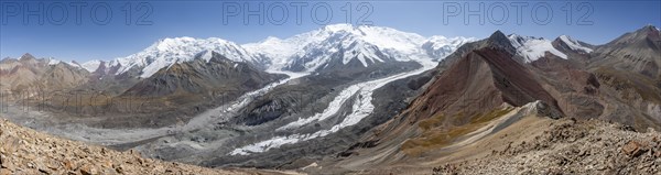 Panorama, high mountain landscape with glacier moraines and glacier tongues, glaciated and