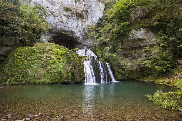Spring and waterfall, Source du Lison, Source des Lison, Nans-sous-Sainte-Anne, Departement Doubs,