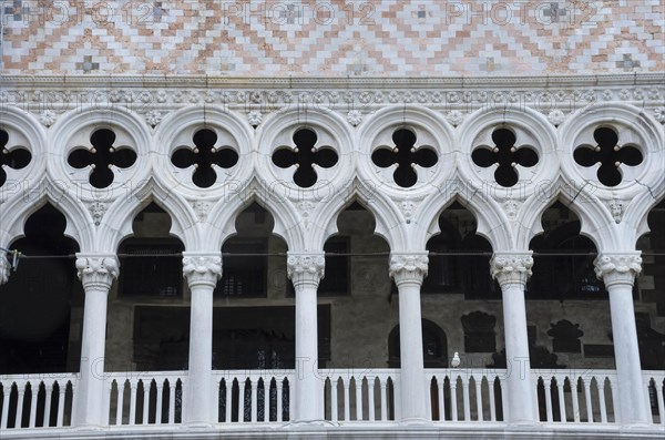 Detail of Doge's Palace (Palazzo Ducale) facade, famous tourist attraction in Venice, Italy, front