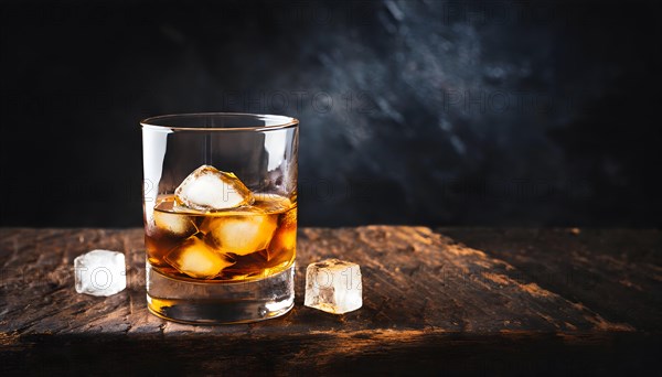 Whiskey with rocks or ice cubes in a glass with ice in a dark wooden background. AI Generated, AI