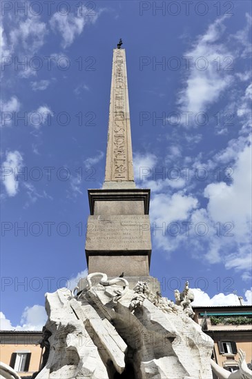 Obelisk above the fountain Fontana dei Quattro Fiumi, four-stream fountain, also known as Obelisco