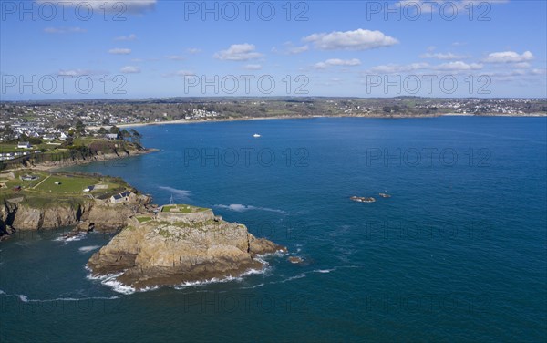 Aerial view of Fort de Bertheaume on a rock off the coast in Plougonvelin on the Atlantic coast at