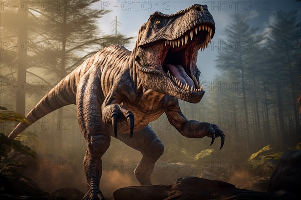 Tyrannosaur rex roaring in a prehistoric forest with lush vegetation, ferns and sunlight, AI