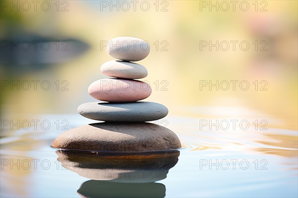 Stack of zen stones on water with a nature background. The image conveys a sense of balance,