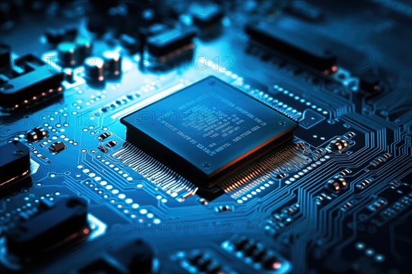 Close-up image of a blue circuit board with a central microchip processor CPU with various
