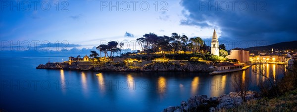 St. Anthony's Church and harbour, blue hour at dawn, panoramic view, Veli Losinj, Kvarner Bay,